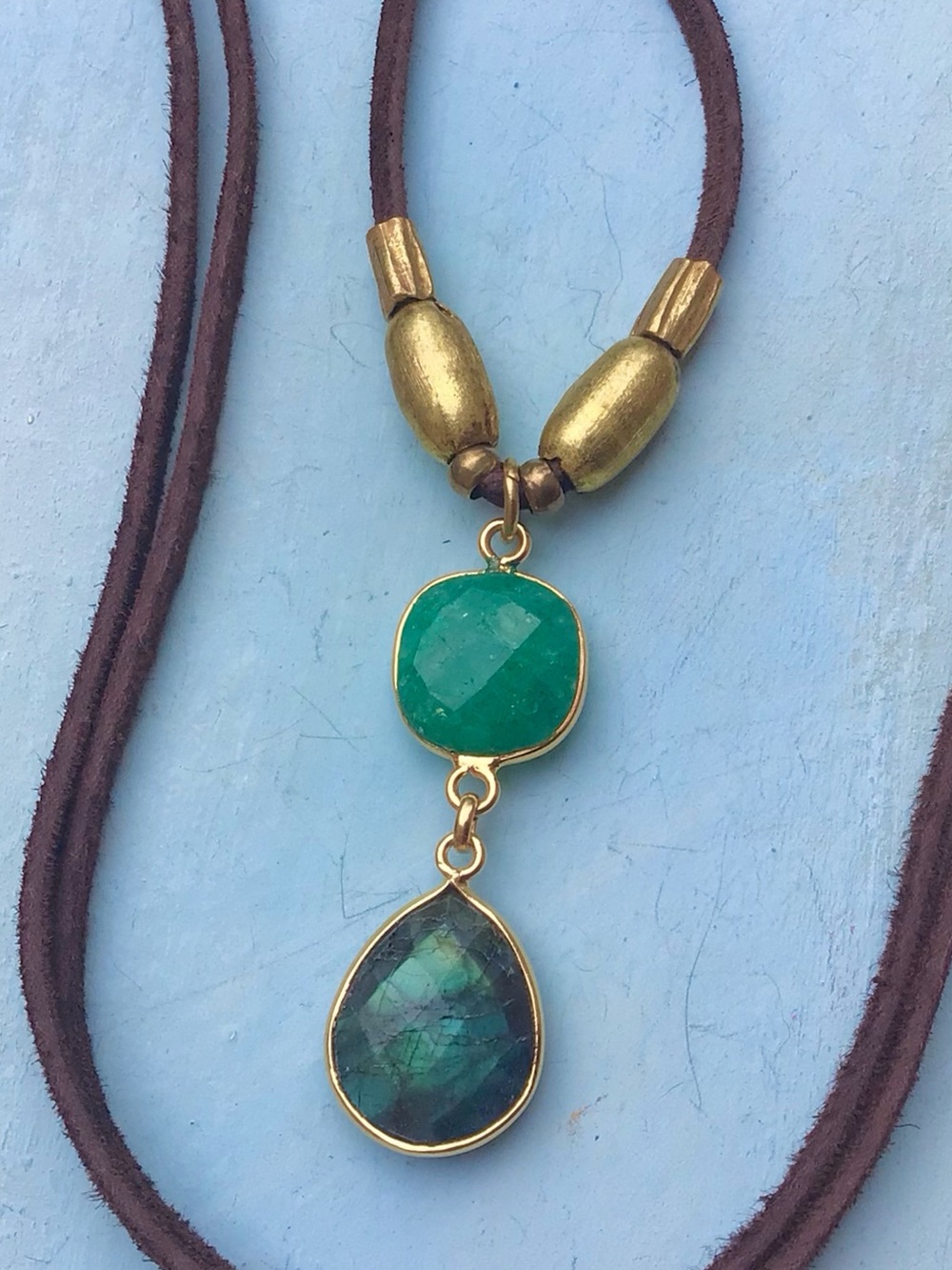 Natural Labradorite Emerald leather suede cord Sundance Charm Necklace SALE